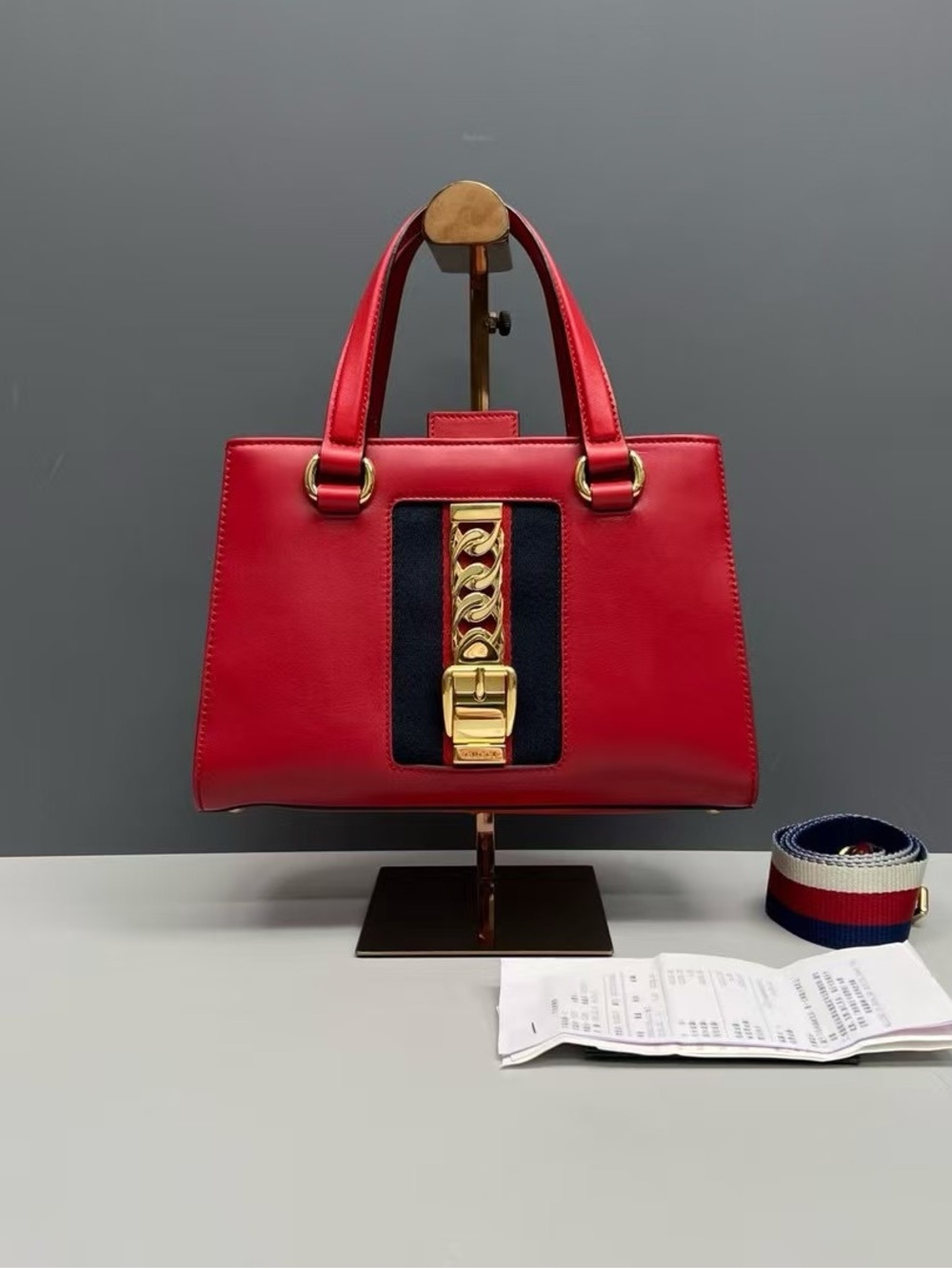 Gucci Red Leather Satchel with Gold Chain Accent